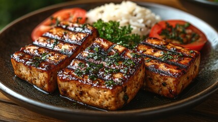 Delicious Grilled Tofu with Rice and Tomatoes