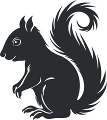 A playful black silhouette of a sitting squirrel with a bushy tail and big eyes.
