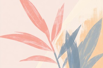 Abstract vector illustration of tropical leaves and palm fronds in pastel pink, blue, and orange tones on a light background Generative AI