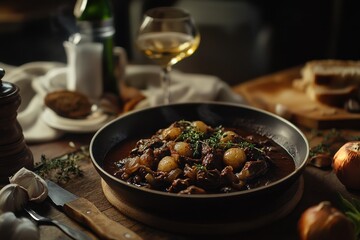 A mouthwatering dish of beef stew with caramelized onions, garnished with fresh herbs, wine glass nearby.