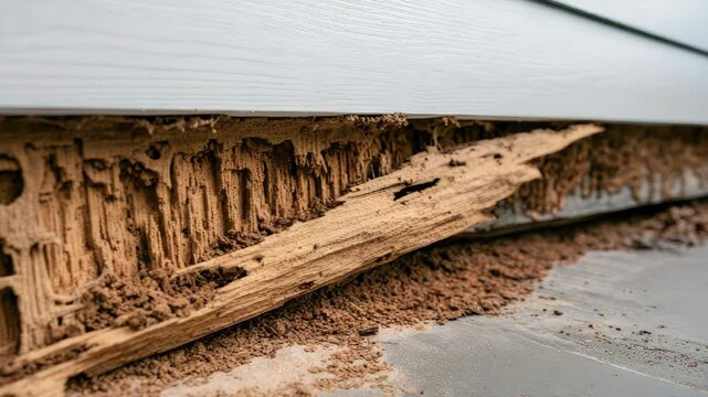 Termite damage on house siding, exposing wood and soil