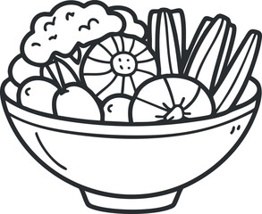 A bowl filled with a variety of fresh vegetables including broccoli, carrots, and okra.