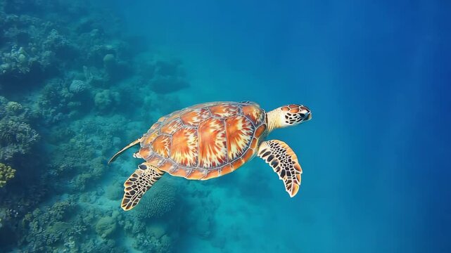 Hawksbill sea turtle swimming gracefully in clear, blue ocean water near a coral reef. Turquoise water creates a serene underwater scene.