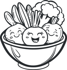 A playful illustration of smiling vegetables in a bowl showcasing freshness and healthy eating.