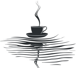 Stylized illustration of a coffee cup with steam over wavy lines representing water.