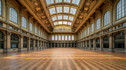 Obraz premium Spacious Golden Hall With High Ornate Ceiling And Wooden Flooring