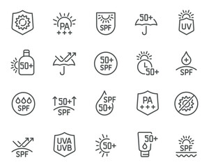 Editable vector icon set on sun protection with SPF and PA elements. Includes icons for various UV protection levels, SPF, and UVA. Ready for design use.