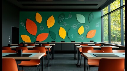 Sustainability conference room feature mural marries green initiative modern business pattern artwork us abstract leaf motif intertwined circuit pattern large wall emphasizing eco friendly strategy