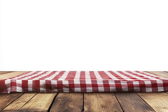 Red checkered tablecloth on a wooden surface