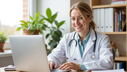 Female doctor smiling while working on a laptop in an office  