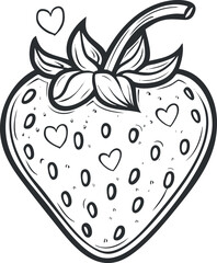 A cute black and white illustration of a strawberry with leaves and hearts.