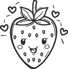 Cute cartoon strawberry character with a happy face and hearts around it perfect for children.