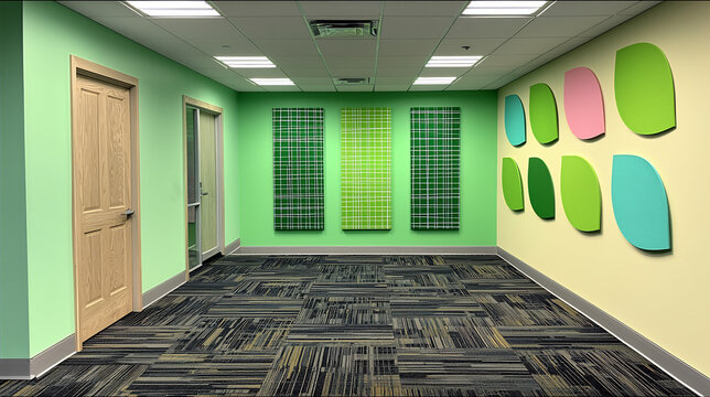 Along sustainable design office corridor mural of modern business pattern blend abstract greenery digital motif art combine leaf shape network grid feature wall promoting eco friendly practice