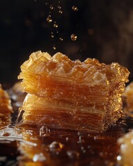 Fototapeta premium Delicious golden layers of baklava dripping with honey, creating a sweet and enticing dessert experience.