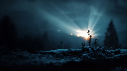 Obraz premium Winter's Breath: Sunlight Piercing Through the Mist on a Frozen Landscape