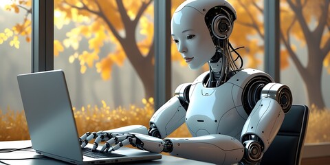 A futuristic humanoid robot working on a laptop in a modern office setting, symbolizing the integration of artificial intelligence and technology in the workspace and everyday life.

