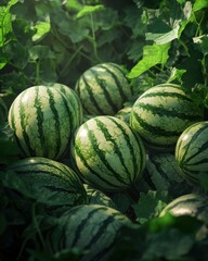 Fresh striped watermelons nestled among vibrant green leaves in a sunlit garden.