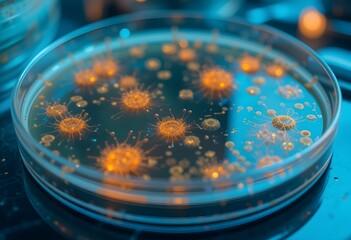 High-tech Petri dish with glowing bacterial colonies, macro lens, clinical background.