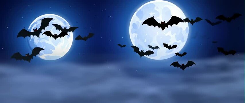 Anamorphic video of Halloween background animation with the concept of blue sky, moon, fog, flying bats