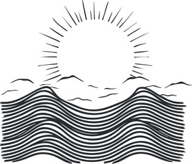A minimalist black and white illustration of a sun over ocean waves creating a tranquil scene.