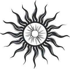 Stylized sun design featuring rays and a central sunburst in black and white.