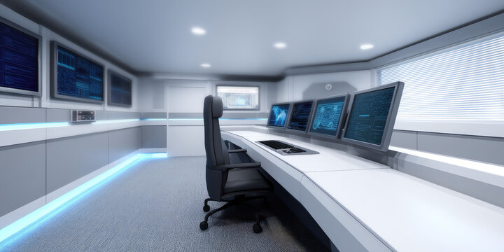 Futuristic control room with sleek white desks, multiple computer monitors displaying data, and a black ergonomic chair