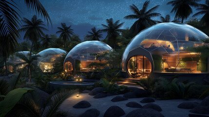 Futuristic glass dome villas glowing at night in tropical jungle setting