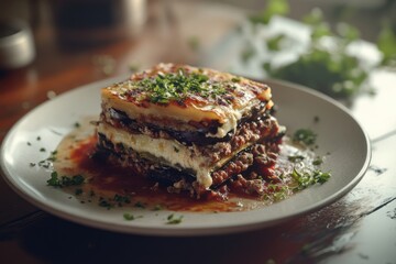Delicious layered lasagna with eggplant, rich meat sauce, and freshly chopped herbs.