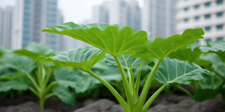 Large green leaves with prominent veins grow in foreground, contrasting with blurred tall buildings in background. 