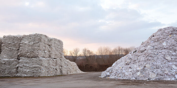 Massive stacks of recycled paper bales on left and a large mound of loose paper on right, set outdoors under an overcast sky. Bare trees in the background - Powered by Adobe