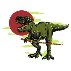 Fototapeta premium Samurai Tyrannosaurus Rex Illustration: A fearsome Tyrannosaurus Rex stands ready, wielding a samurai sword against a backdrop of a bold red sun and vivid green accents.