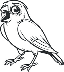 A stylized black and white illustration of a singing bird with expressive features.