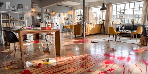 Obraz premium A meticulously staged crime scene in a modern city apartment. Bloodstains splattered on the polished wooden floor. Multiple pieces of evidence. An atmosphere that conveys tension and mystery.