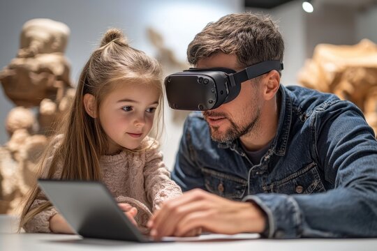 Father and daughter explore marine fossils at a science museum in the evening, sharing excitement about the discovery of a whale skeleton