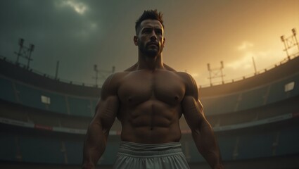 Muscular Athlete in Stadium at Sunset