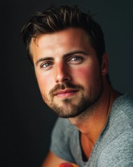 Obraz premium Close-up portrait of a handsome Caucasian man with a beard, wearing a gray t-shirt against a dark background.