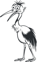 A whimsical cartoon stork character with exaggerated features and a playful expression in black and white.
