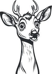 A playful and whimsical illustration of a deer with expressive features and antlers.