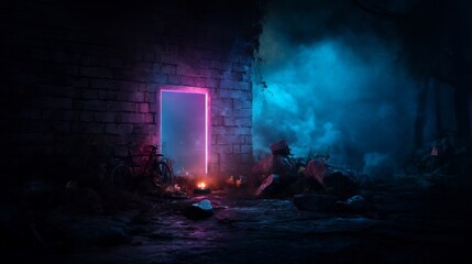 Mysterious neon portal glowing amidst dilapidated brick walls and spectral mist