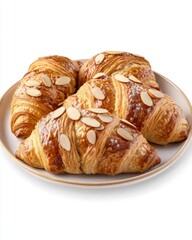 Fototapeta premium Freshly baked almond croissants on a white plate, showcasing a golden, flaky texture.