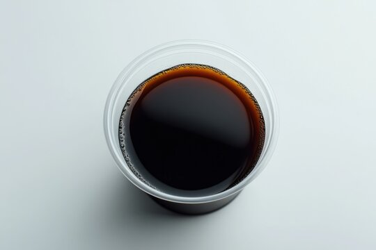 Top view of a clear cup filled with dark coffee, reflecting a rich brown hue against a light background.