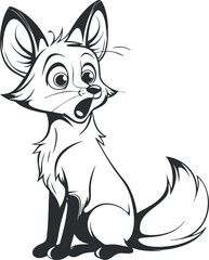 A surprised cartoon fox character with big ears and a playful expression in black and white.