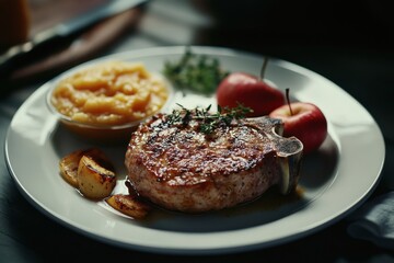 A beautifully plated pork chop with apple compote and thyme, surrounded by roasted garlic and fresh apples.