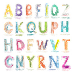 Hand draw colorful alphabet, grunge chalk sketching isolated on white --v 7.0
