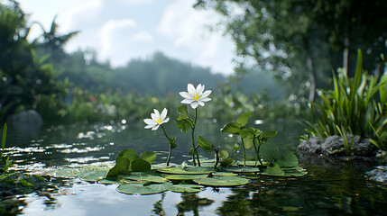 Peaceful Pond Scene With White Water Lilies