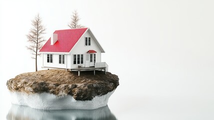 Secluded White House on a Small Island Red Roof Minimalist Dream Home Peaceful Island Escape Tranquil Waterfront Property Cozy Cottage Serene Landscape Winter Trees Scenic View Isolated House