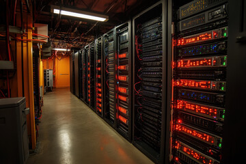 Rows of servers and computers fill a vast room humming with activity, cables intertwining like a digital web under bright fluorescent lights.