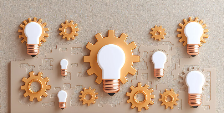 Highlight business product development a minimalist card in warm beige and subtle copper Icons of gears and light bulbs convey innovation testing and improvement processes