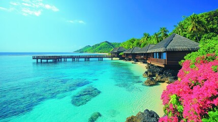 Fototapeta premium Tropical island resort beach bungalows ocean pier
