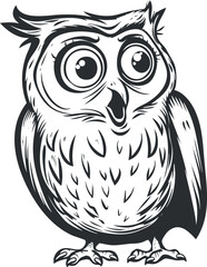 A whimsical cartoon owl illustration featuring large expressive eyes and a playful demeanor.